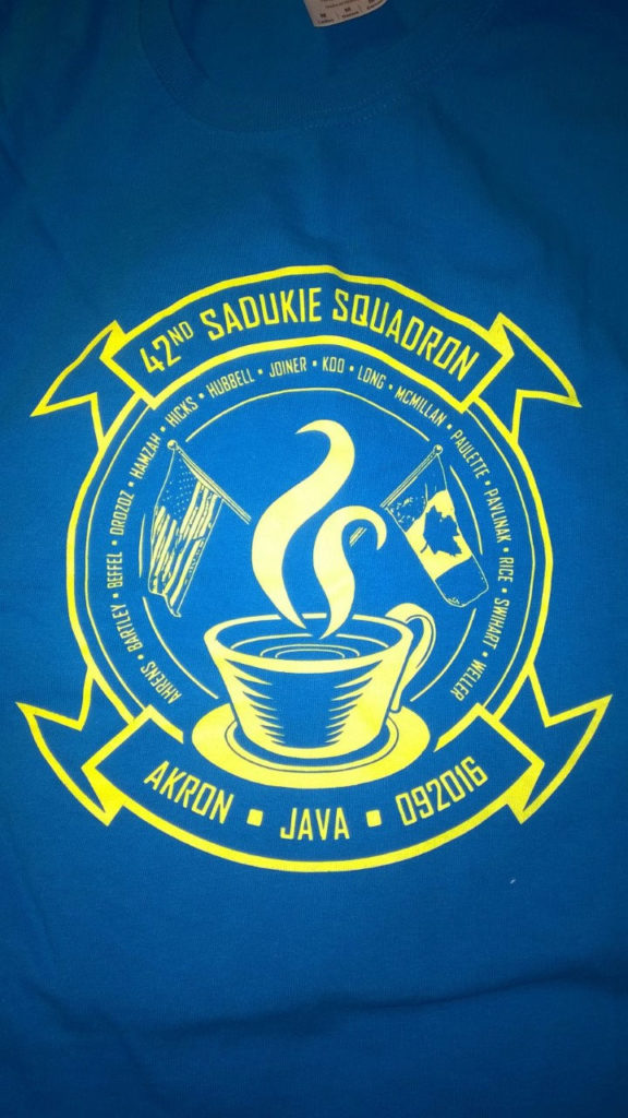 42nd Sadukie Squadron logo - complete with Akron Java 092016 notes, a coffee mug, and US and Canadian flags