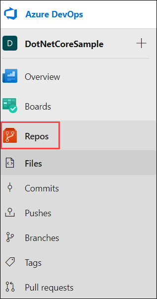 Screenshot of Azure DevOps navigation for the DotNetCoreSample project. The Repos section title is highlighted.