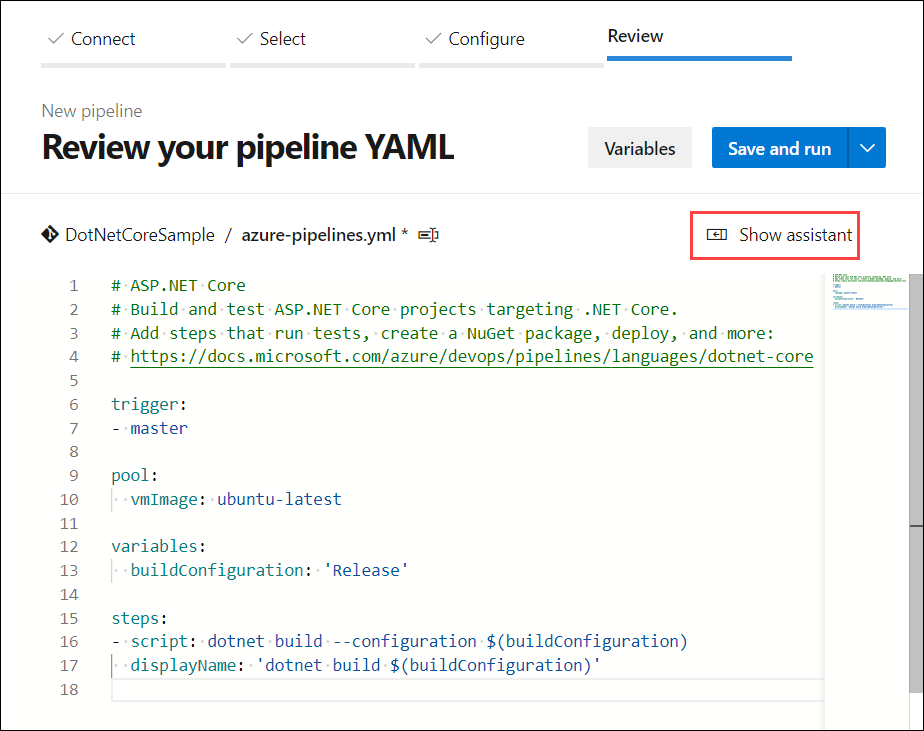 Screenshot of the Azure Pipeline YAML. 'Show assistant' is highlighted.
