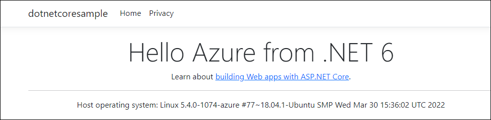 Screenshot of 'Hello Azure from .NET 6' in the browser.