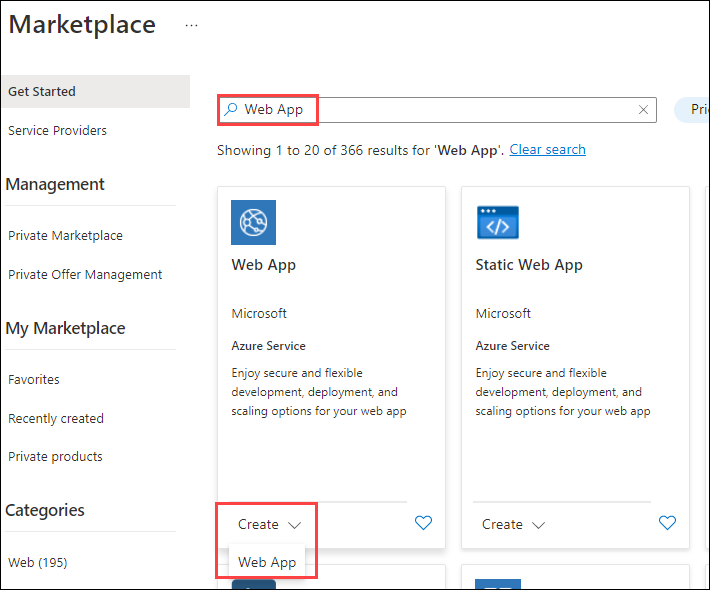 Screenshot of the Azure Marketplace. Searching for 'Web App', 'Create', and 'Web App' are highlighted.