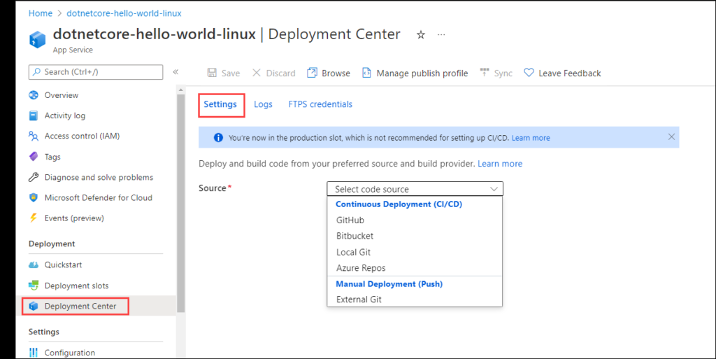 Screenshot of the app service's Deployment Center. Deployment Center and Settings are highlighted. The Source dropdown shows supported sources including GitHub, Bitbucket, Local Git, Azure Repos, and External Git.