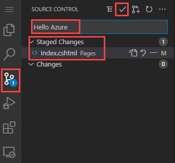Screenshot of Visual Studio Code for Web. Source control menu, commit message, Staged Changes section, and 'Commit and push' button are highlighted.