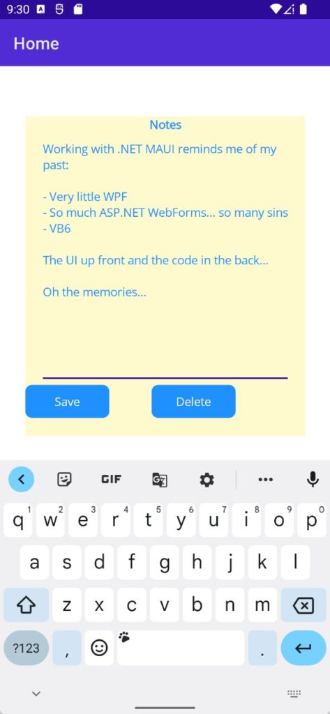 Screenshot of the Android emulator running the sample Note application from the .NET MAUI Microsoft Learn path. The editor's background color is LemonChiffon, and the buttons' background color is DodgerBlue.