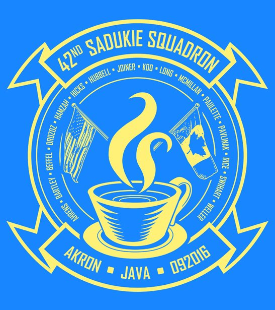 42nd Sadukie Squadron logo. The center is a steaming cup of coffee in a saucer. There are two flags coming out of the cup - one USA and one Canada, representing the students in that cohort. Each of their last names are in a 3/4 circle around the cup. There's a ribbon across the bottom of the mug that reads "Akron - Java - 092016"