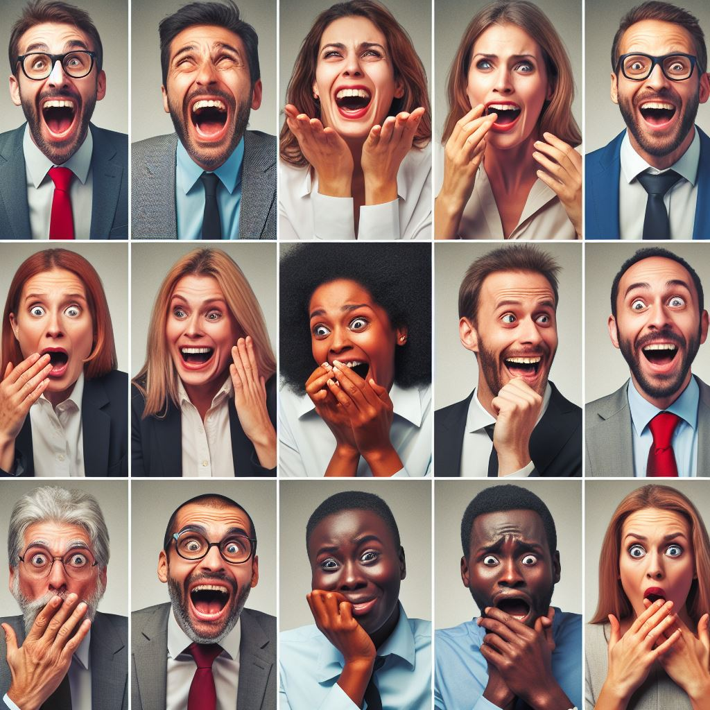 A group of professionals reacting to a crude joke - some laughing, some appalled, some mortified - generated by Microsoft Image Creator